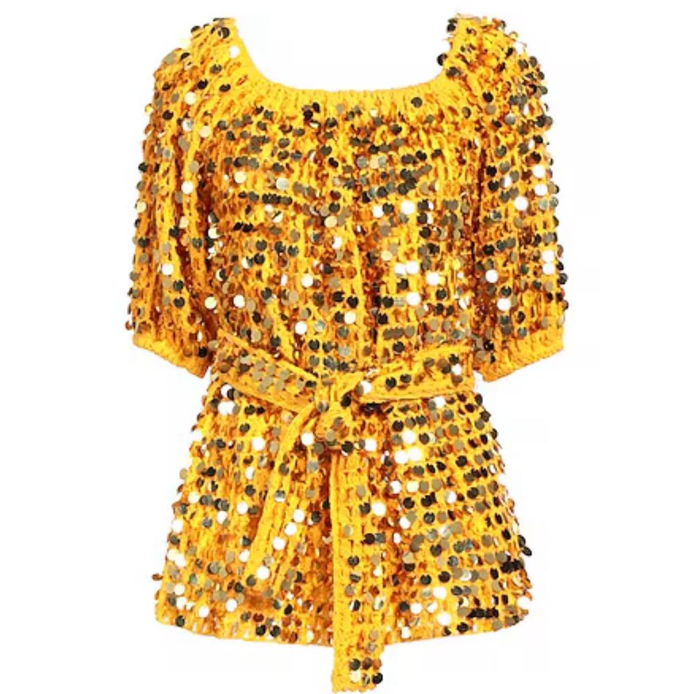 Sundress LARGE/XL knitted, belt, sequins, plain yellow/gold color Top or Dress